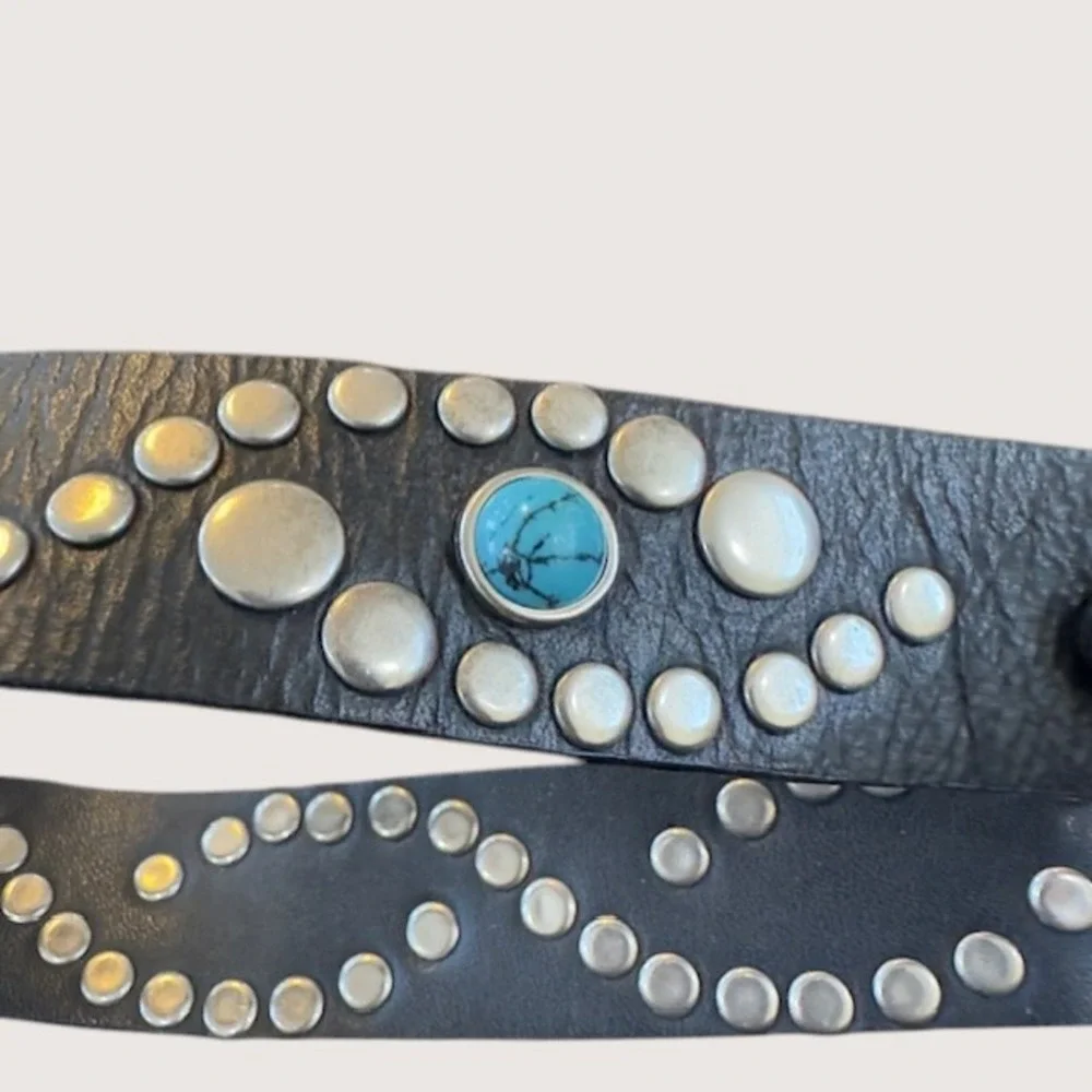 Steve Madden Womens Black Leather Studded Belt‎ Turquoise Accents MY401 Size S